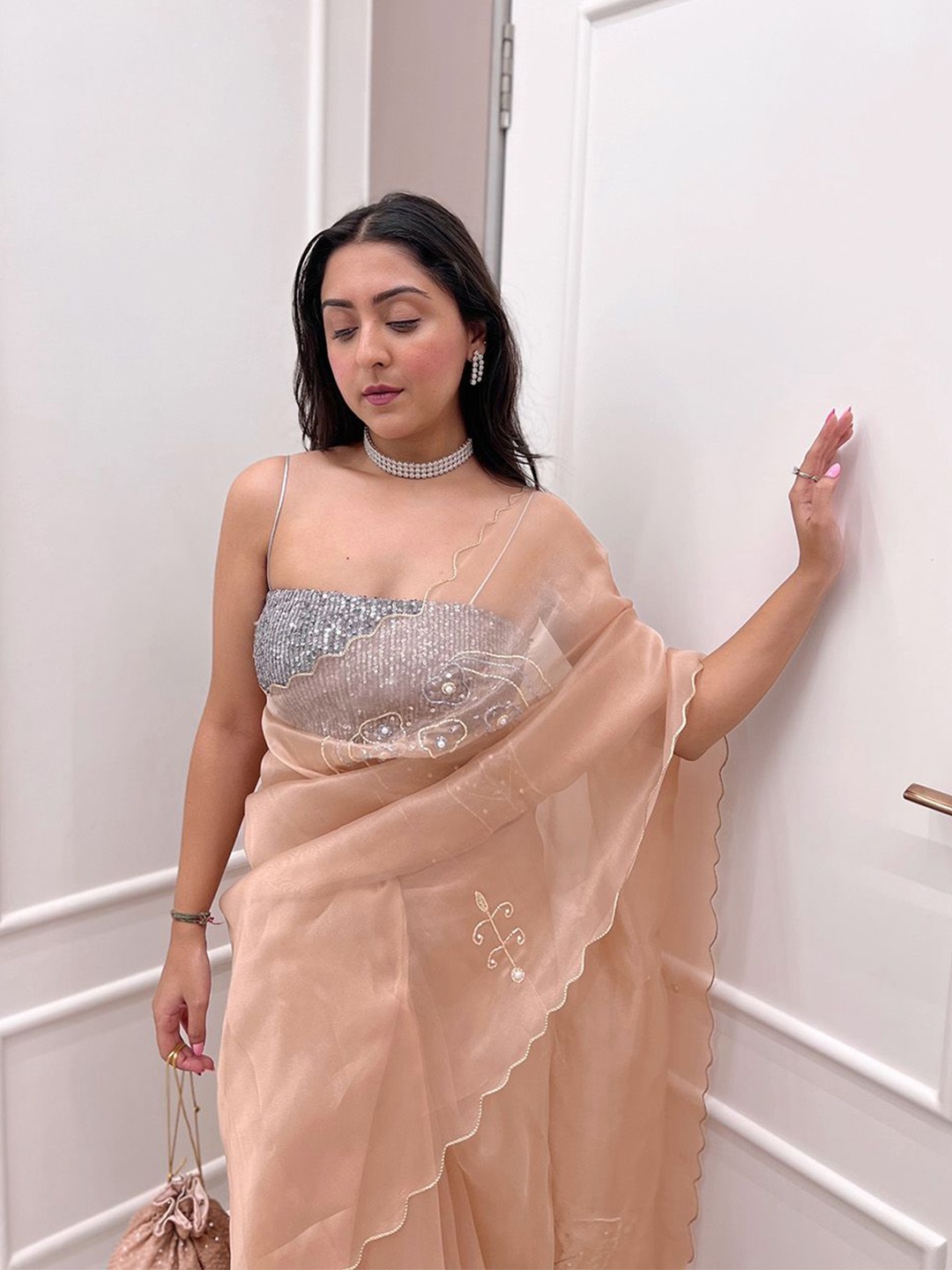 

SAREESBYCHIRAG Embellished Sequinned Organza Saree, Peach