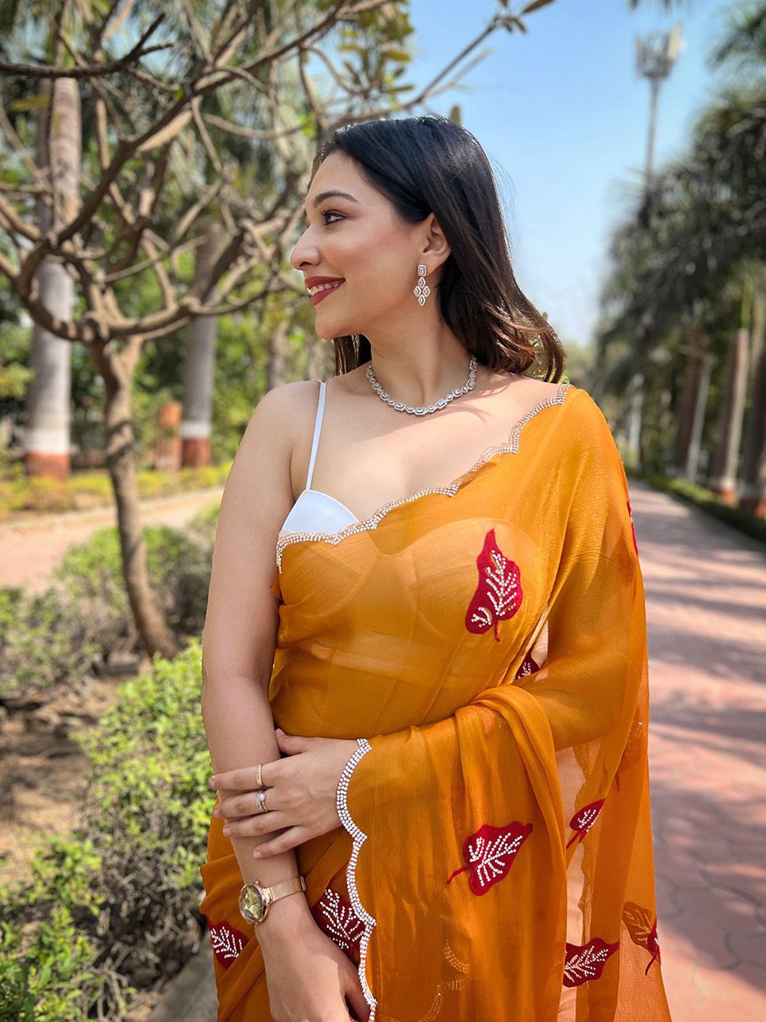 

SAREESBYCHIRAG Floral Beads and Stones Saree, Mustard