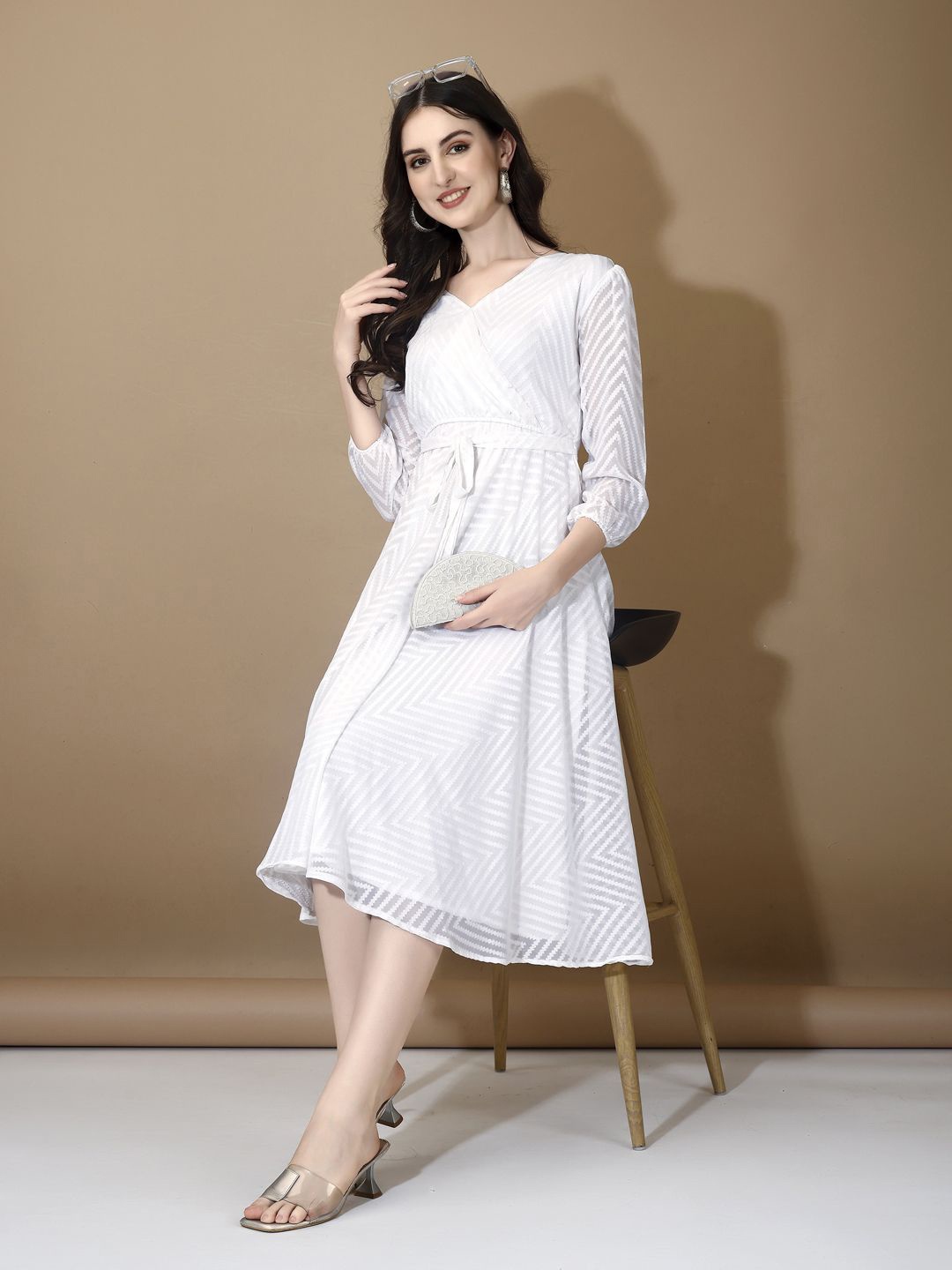 

Ethnic Yard Women Printed V-Neck Puff sleeves Georgette Fit and Flared Midi Dress, White