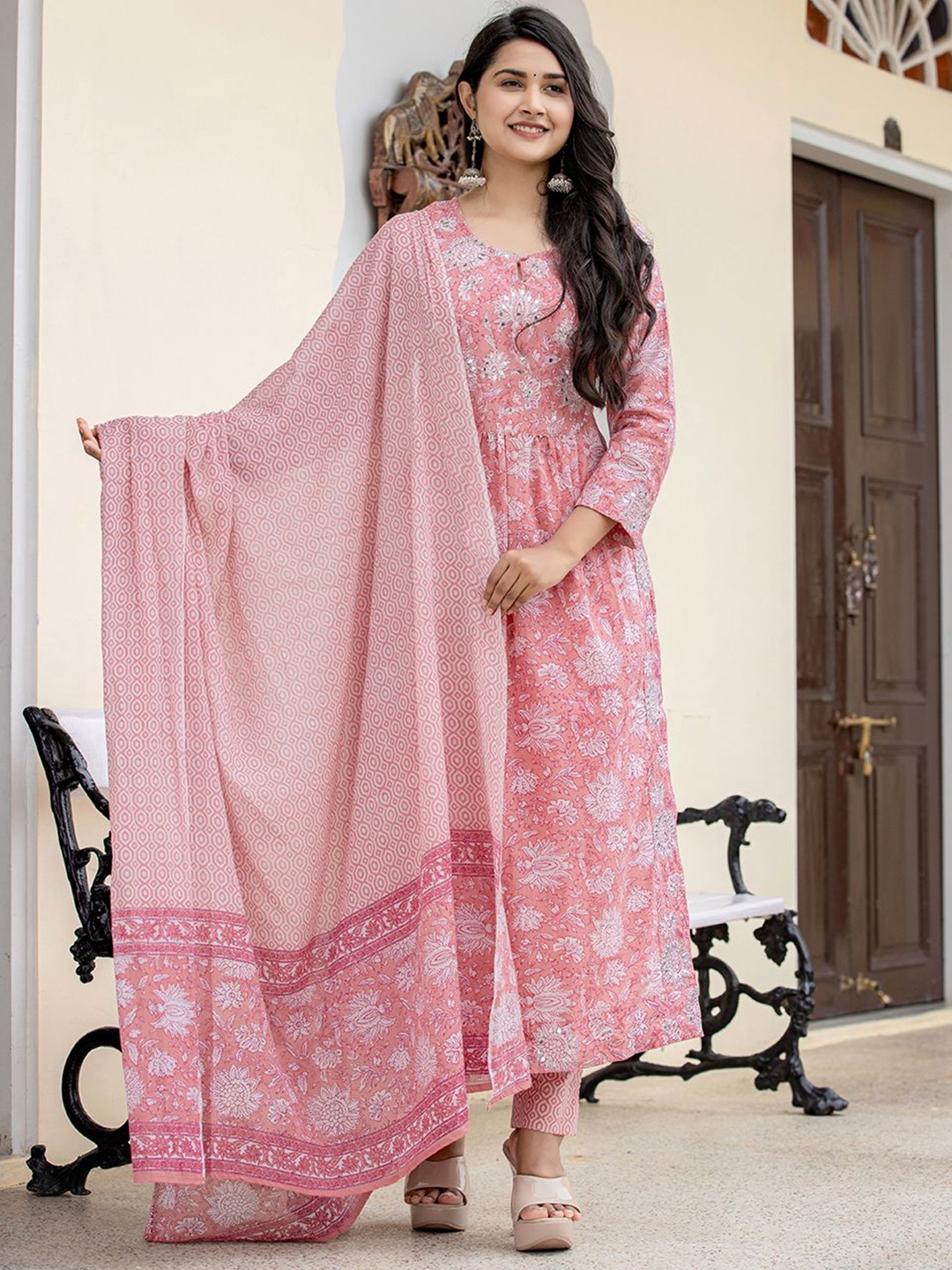 

KAAJH Floral Printed Pleated Mirror Work Pure Cotton Kurta with Trousers & Dupatta, Pink