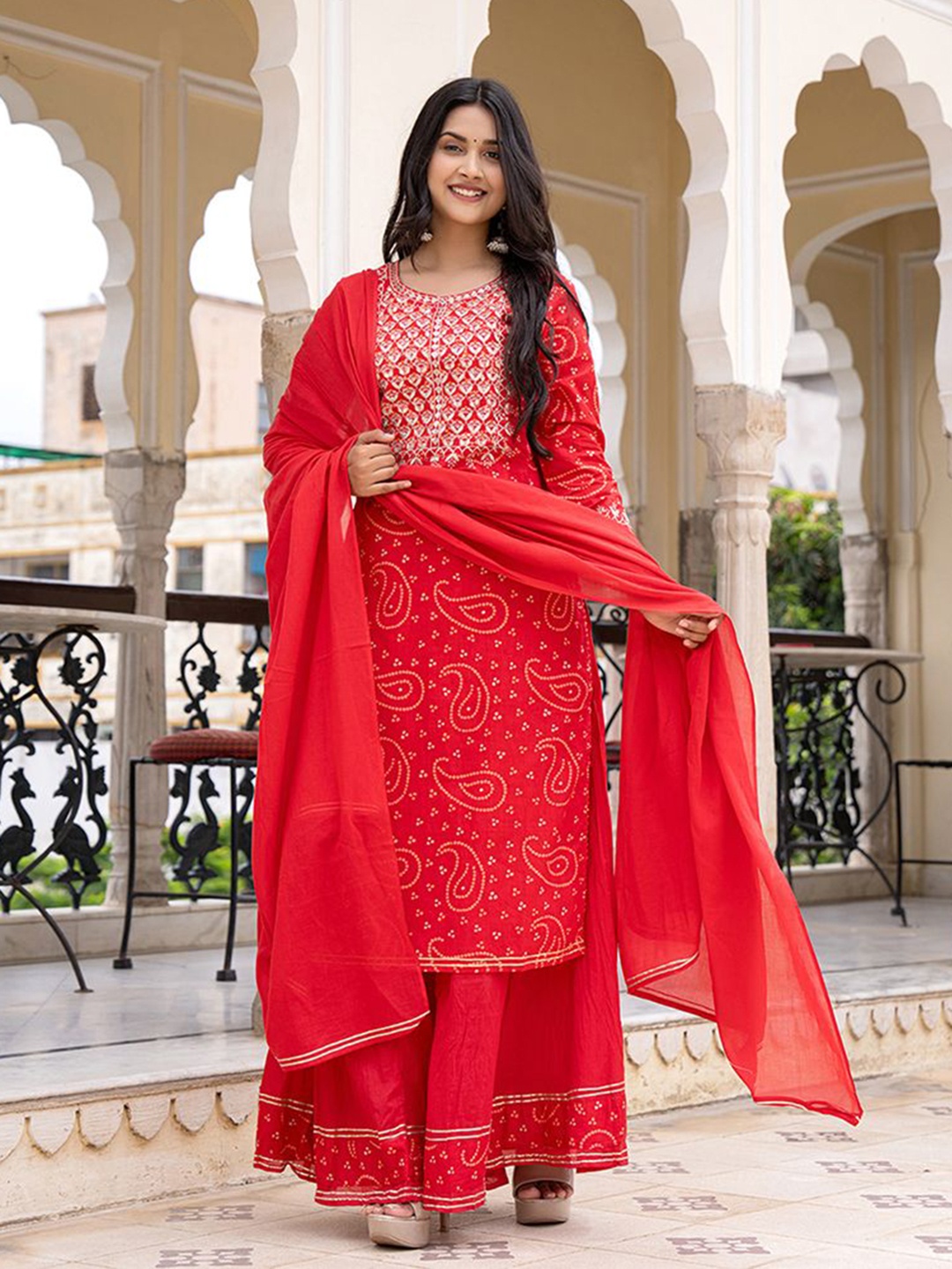 

KAAJH Bandhani Embroidered Mirror Work Pure Cotton Straight Kurta & Sharara With Dupatta, Red