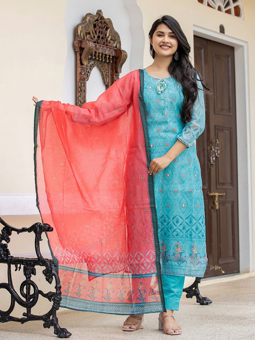 

KAAJH Ethnic Motifs Printed Mirror Work Chanderi Silk Kurta with Trousers & Dupatta, Blue