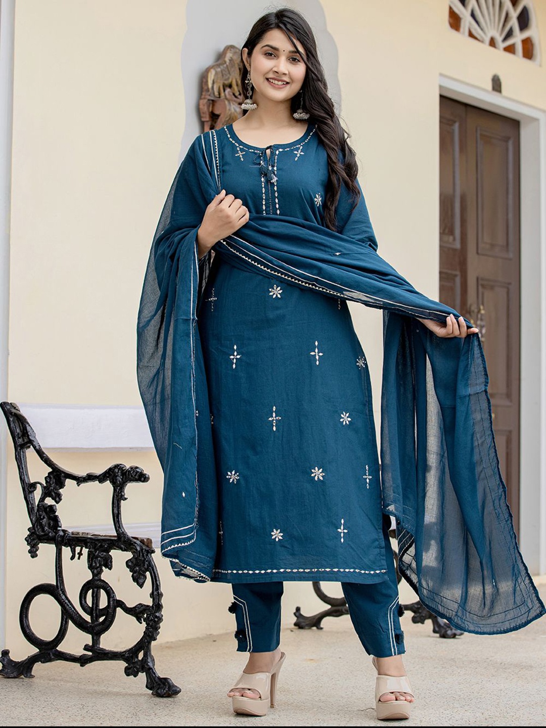 KAAJH Floral Regular Mirror Work Pure Cotton Kurta with Trousers & Dupatta, Navy blue