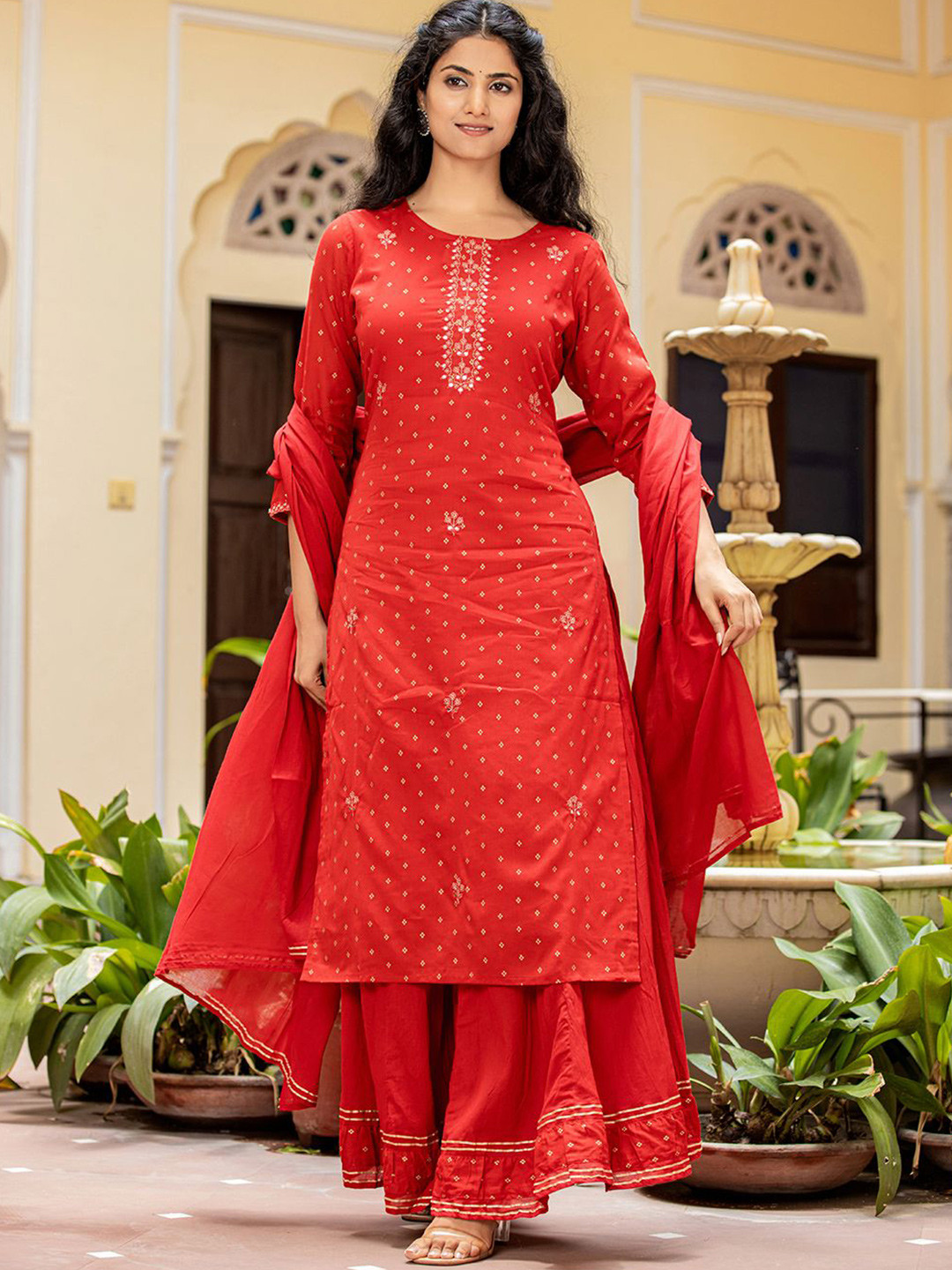 

KAAJH Floral Printed Regular Mirror Work Pure Cotton Kurta with Sharara & Dupatta, Red
