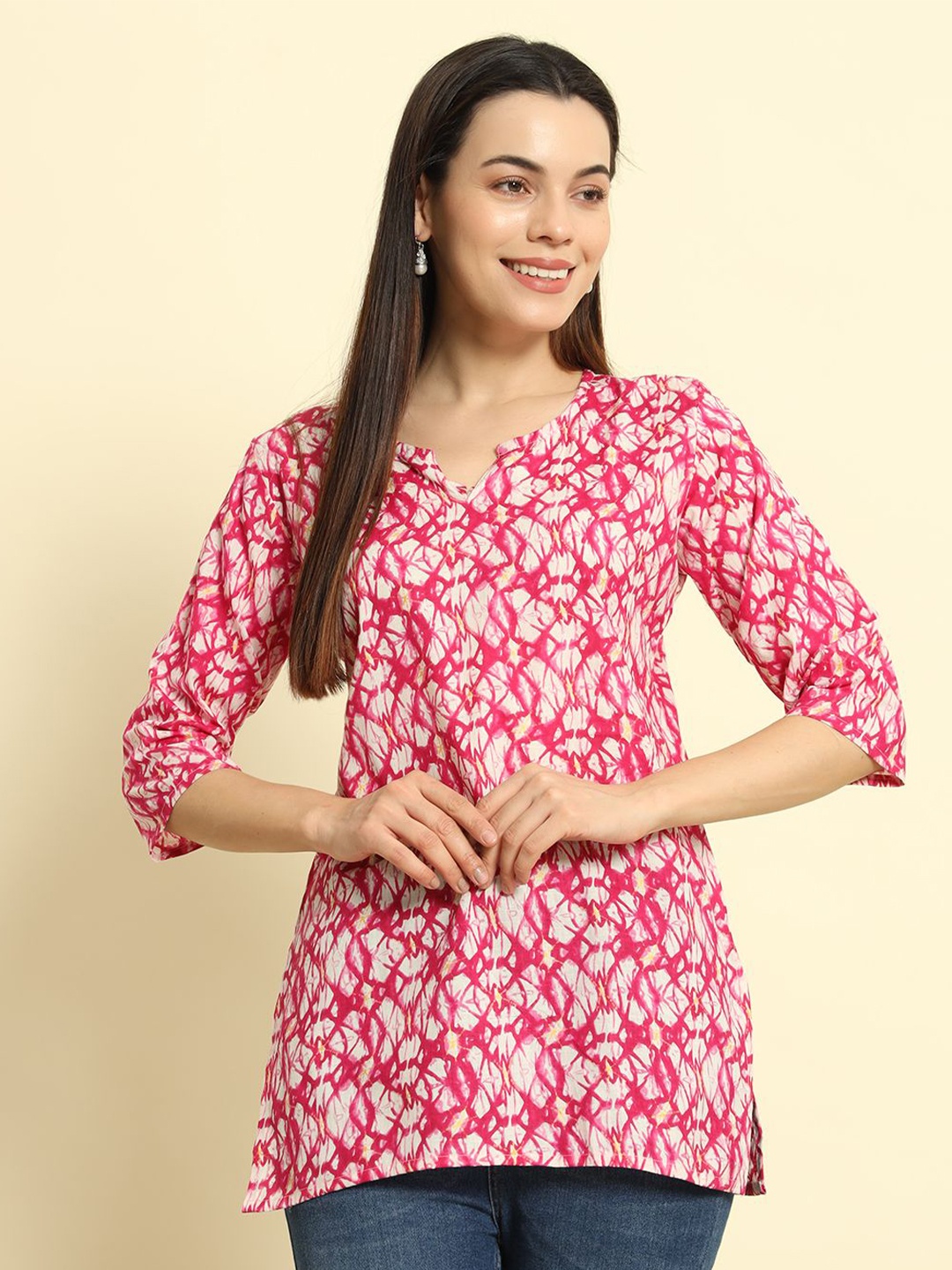 

Mialo fashion Botanical Printed V-Neck Pure Cotton Kurti, Pink