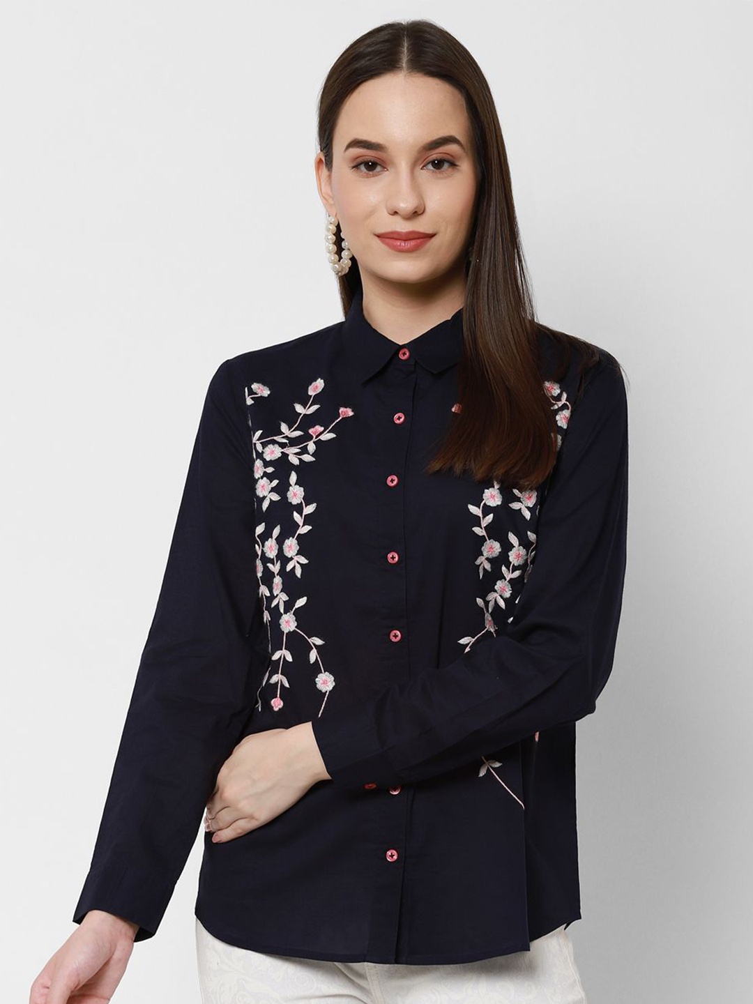 

HOUSE OF KKARMA Women Spread Collar Floral Printed Cotton Casual Shirt, Navy blue