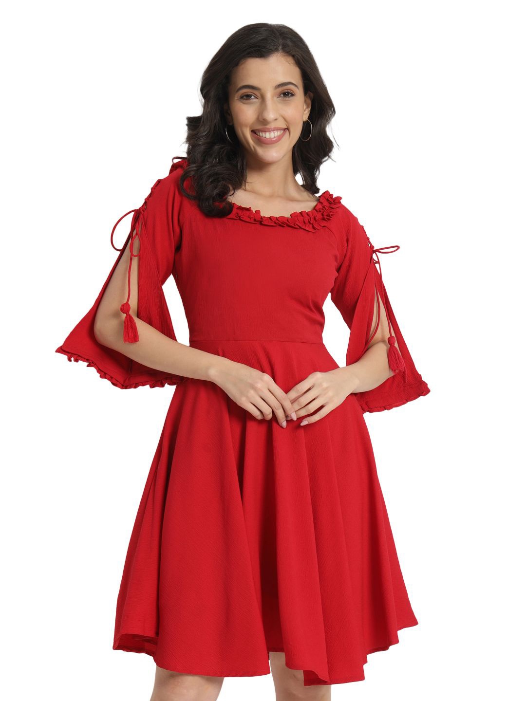 

D 'VESH Round Neck Slit Sleeve Fit & Flare Dress, Red