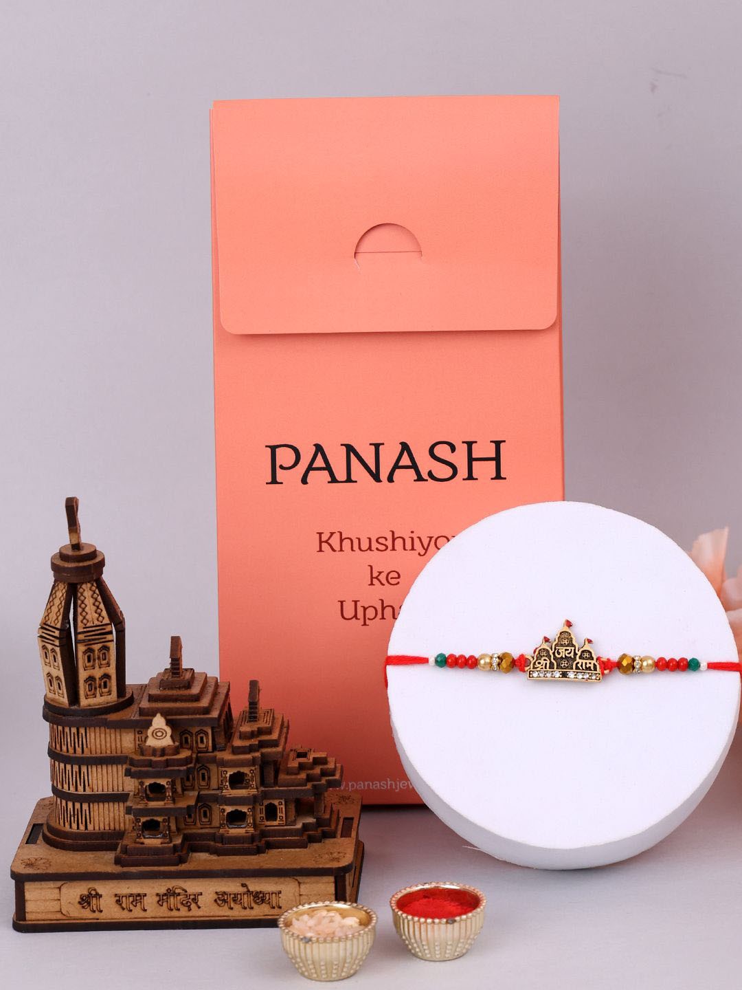 

PANASH Set Of 2 Stone Studded & Beaded Rakhi With Showpiece & Roli Chawal, Gold