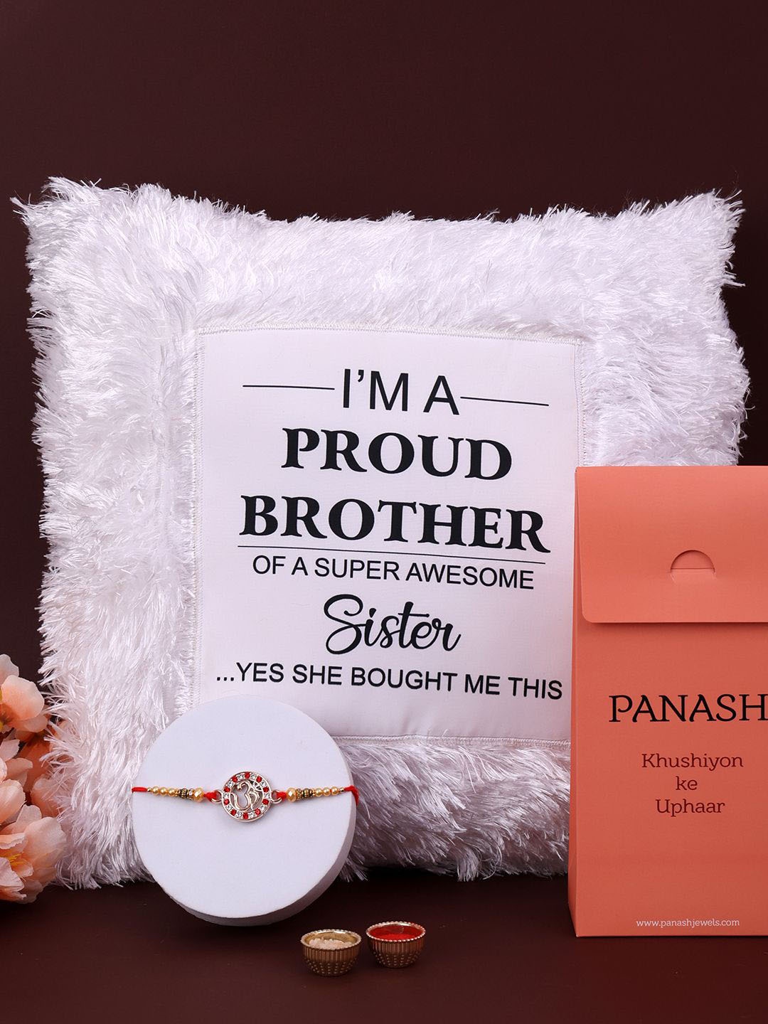 

PANASH Set Of 2 Proud Brother Rakhi With Pillow & Roli Chawal, Red