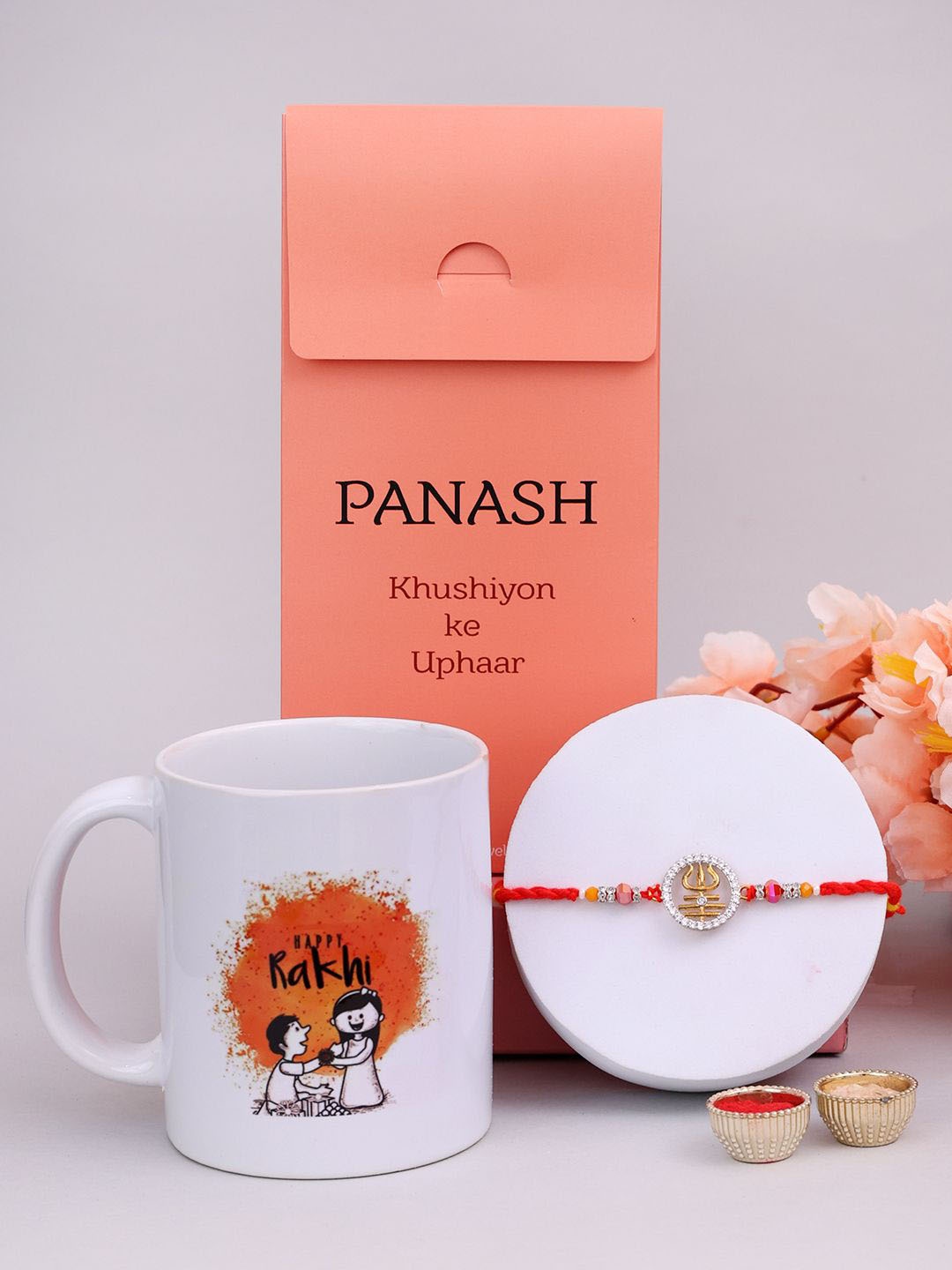 

PANASH Set Of 2 Beaded Rakhis With Mug And Roli Chawal, Gold