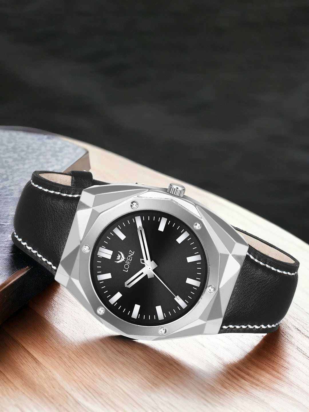 

LORENZ Men Brass Patterned Dial & Leather Bracelet Style Straps Analogue Watch MK-4023R, Black