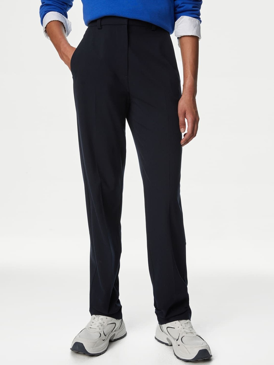 

Marks & Spencer Women Straight Fit High-Rise Trousers, Navy blue