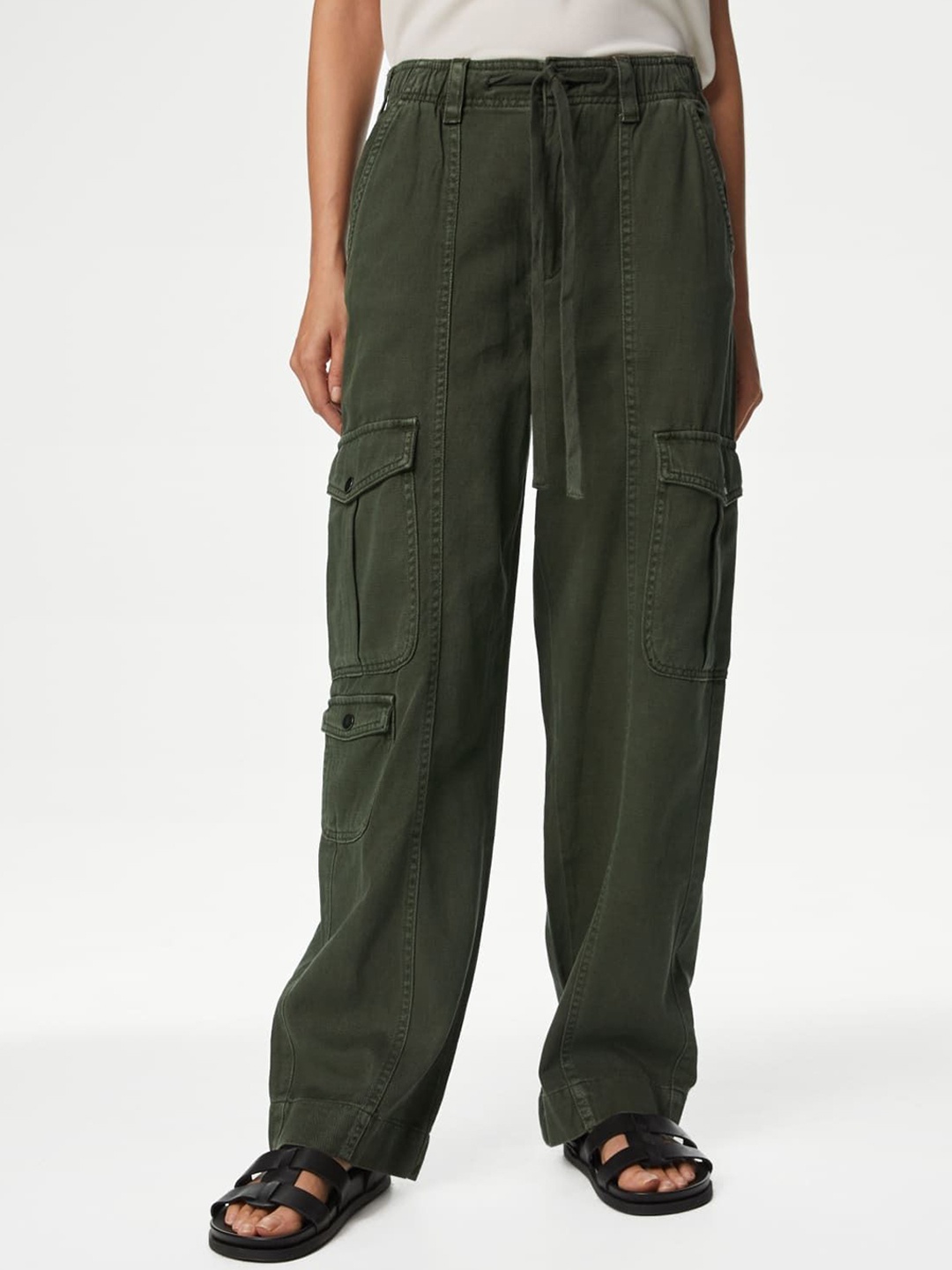 

Marks & Spencer Women High-Rise Cargos Trousers, Olive