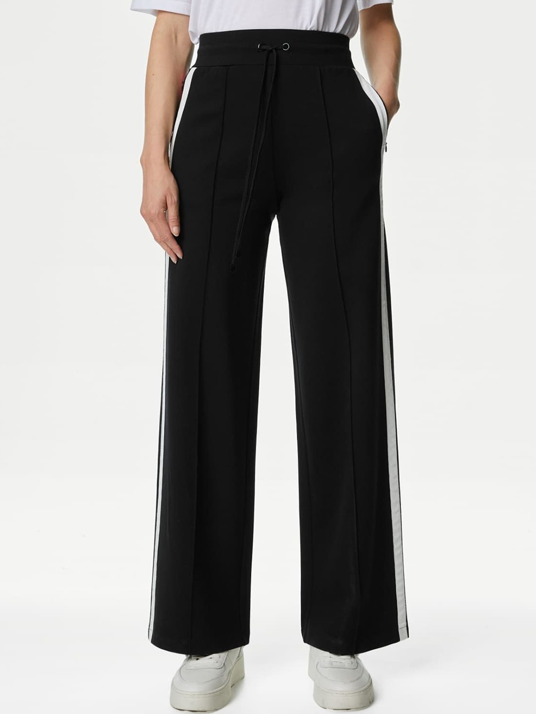 

Marks & Spencer Women Flared High-Rise Pleated Trousers, Black