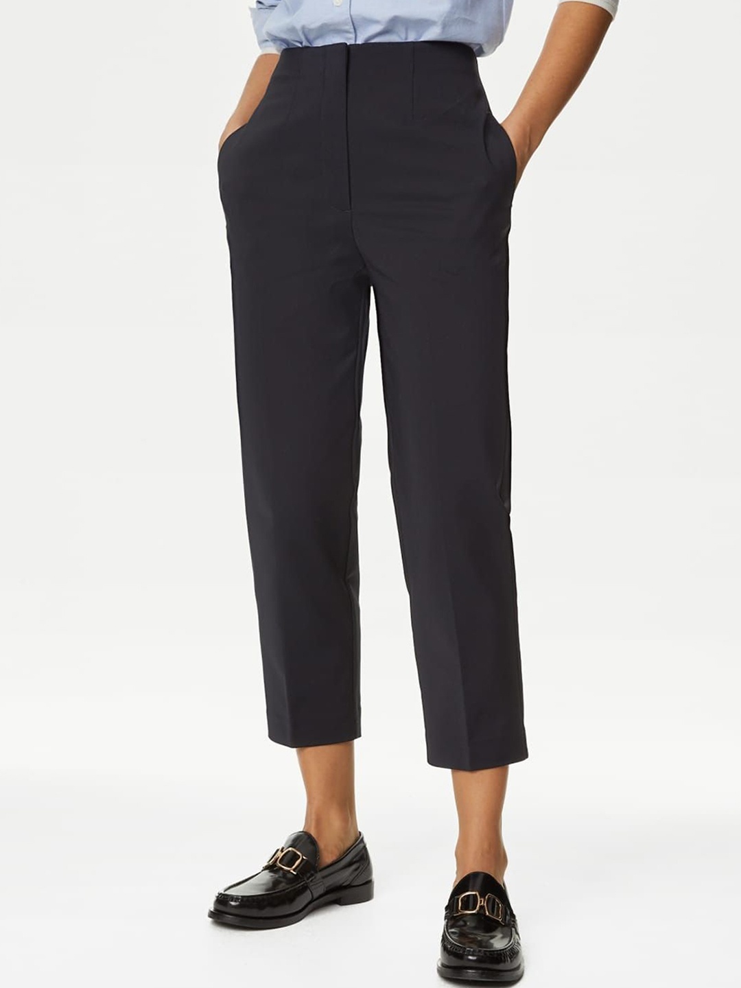 

Marks & Spencer Women Slim Fit High-Rise Cropped Trousers, Navy blue