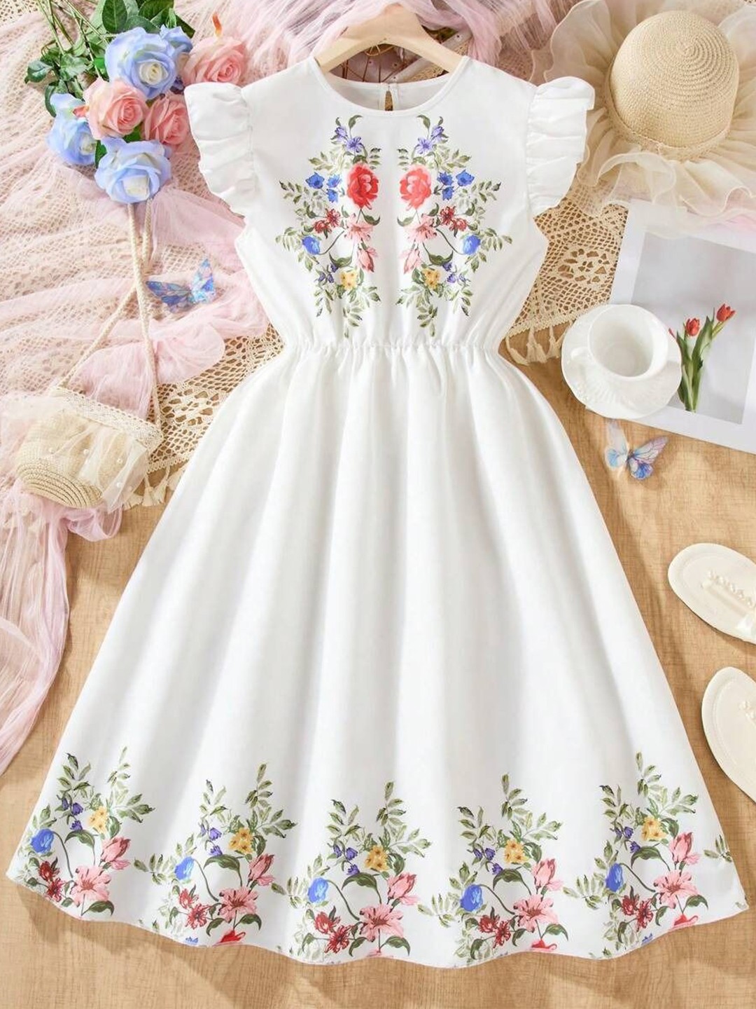 

BAESD Girls Floral Print Crepe Fit & Flare Dress, White