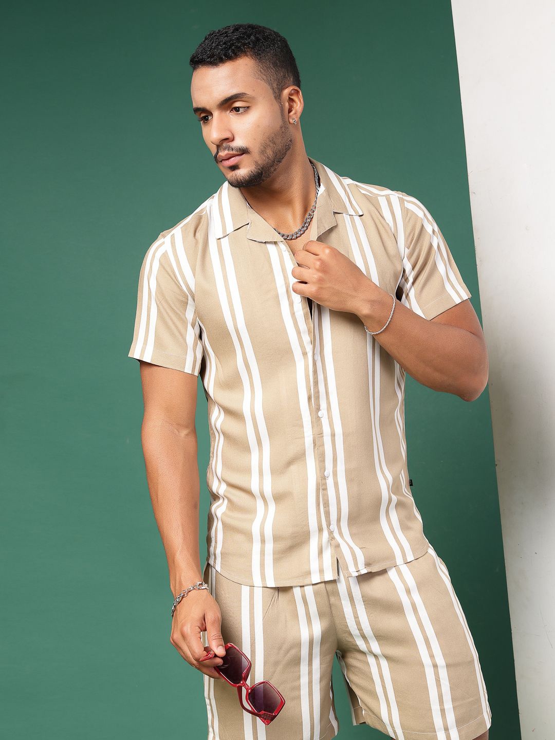 

Rigo Vertical Striped Cuban Collar Shirt & Shorts, Beige