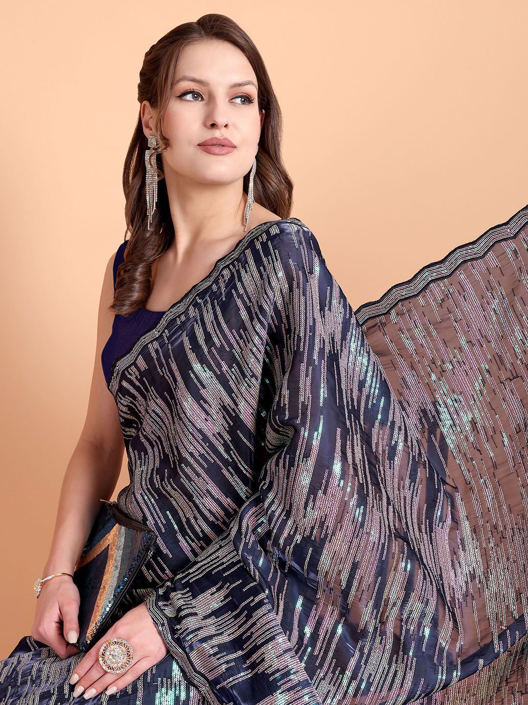 

SAREESBYCHIRAG Embellished Sequinned Organza Saree, Navy blue