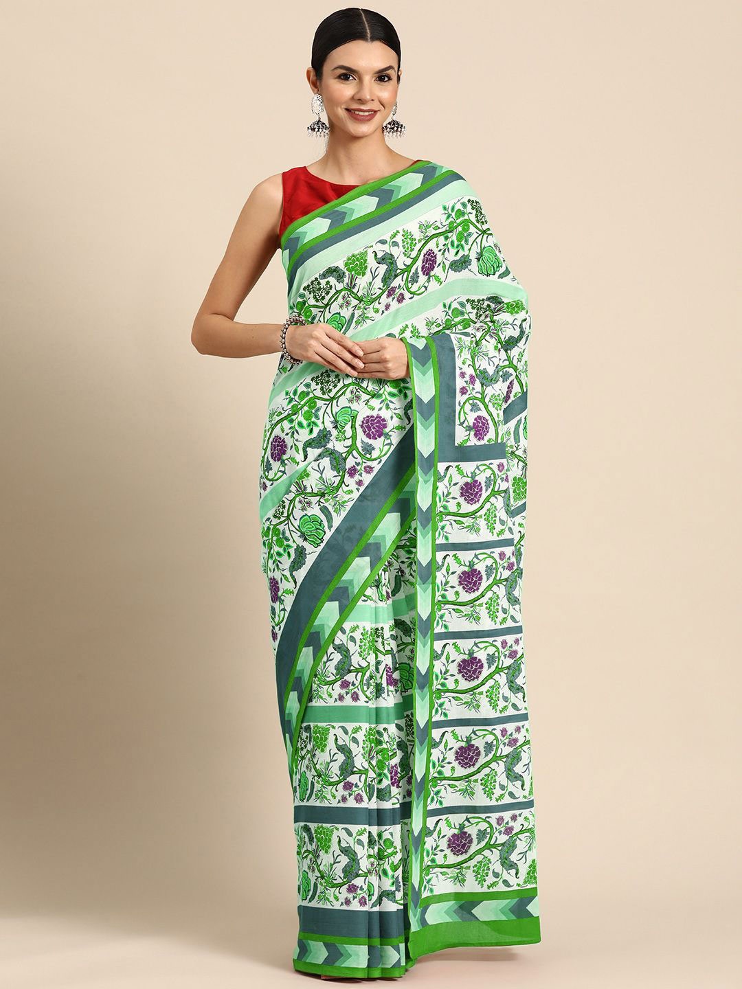 

BUTA BUTI Floral Pure Cotton Saree, Green