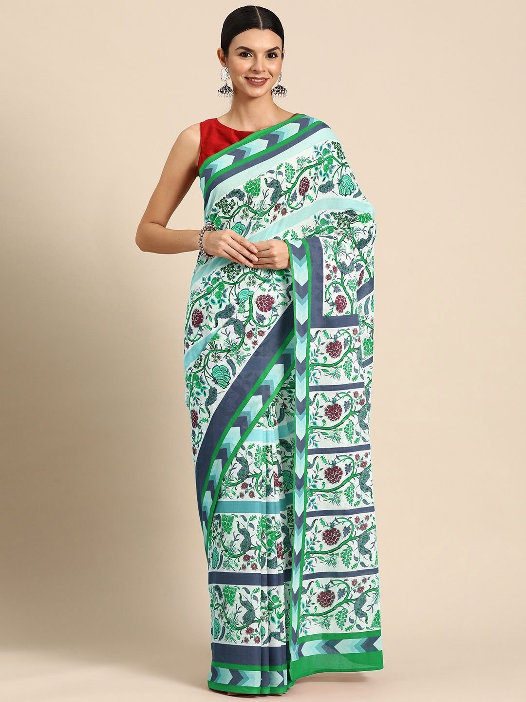 

BUTA BUTI Ethnic Motifs Printed Pure Cotton Saree, Sea green