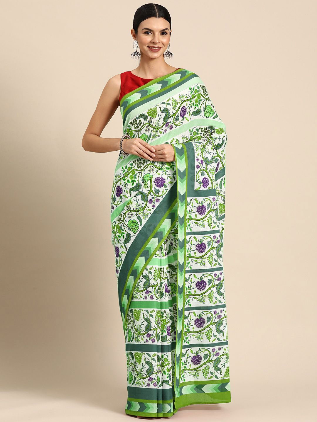 

BUTA BUTI Floral Pure Cotton Saree, Green