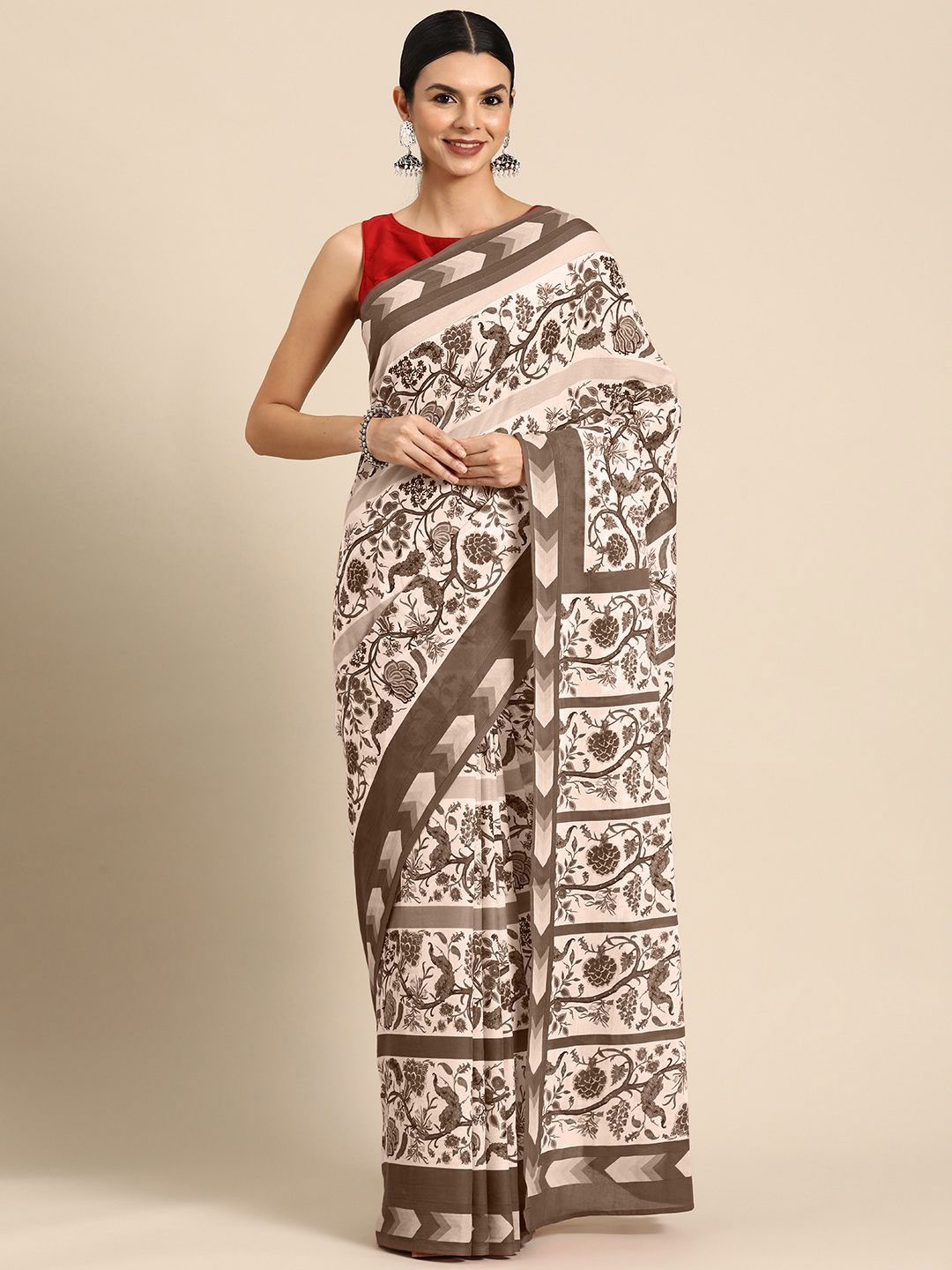 

BUTA BUTI Ethnic Motifs Printed Pure Cotton Saree, Brown