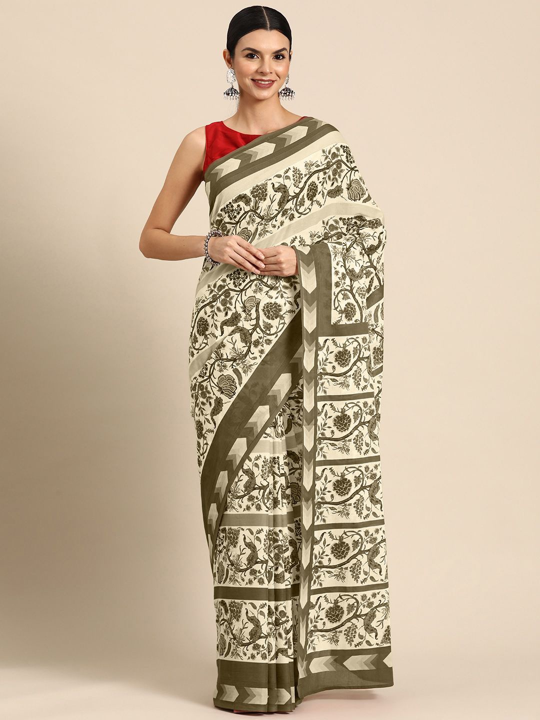 

BUTA BUTI Floral Pure Cotton Saree, Olive