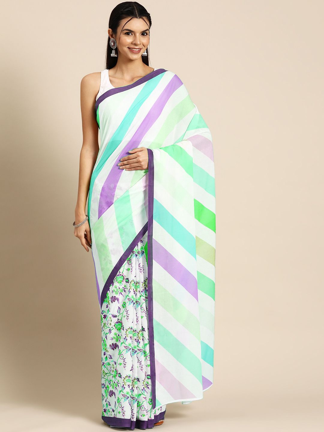 

BUTA BUTI Floral Pure Cotton Half and Half Saree, White