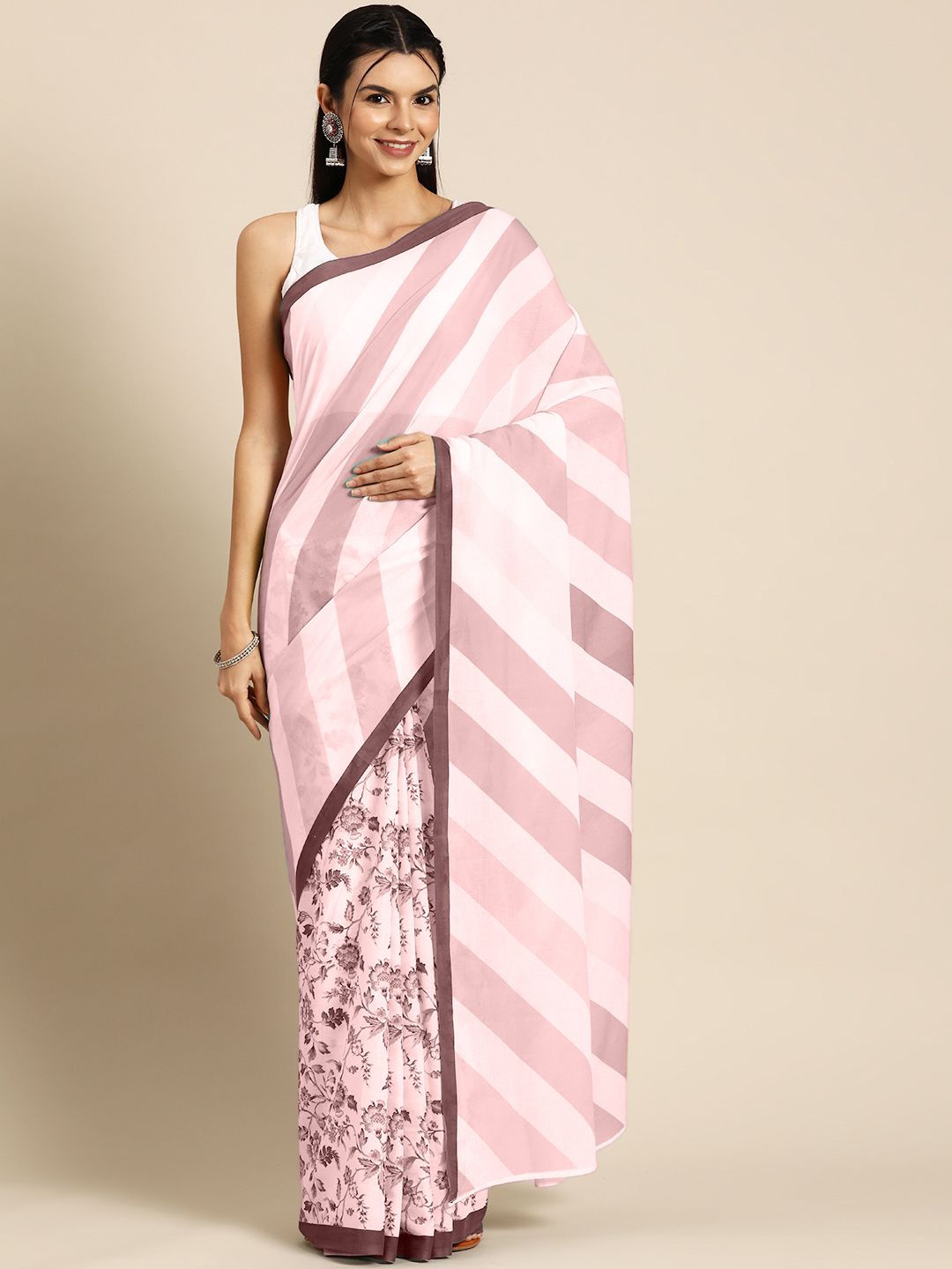 

BUTA BUTI Floral Printed Pure Cotton Half and Half Saree, Mauve