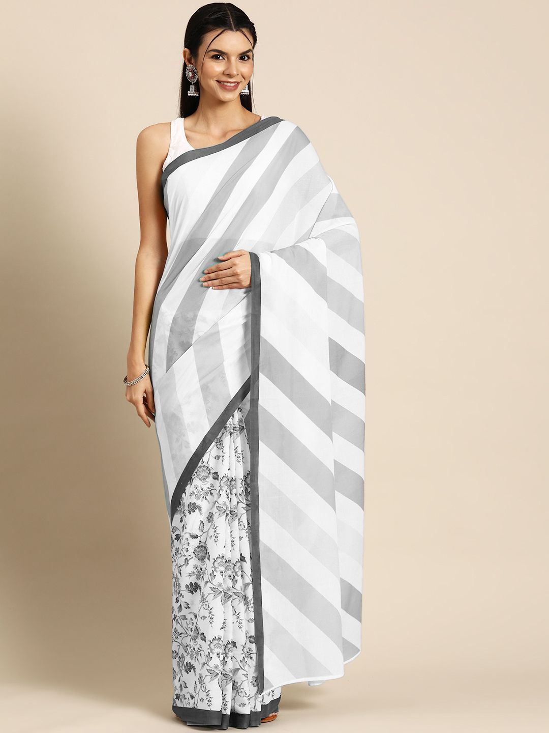 

BUTA BUTI Floral Printed Pure Cotton Half and Half Saree, Grey