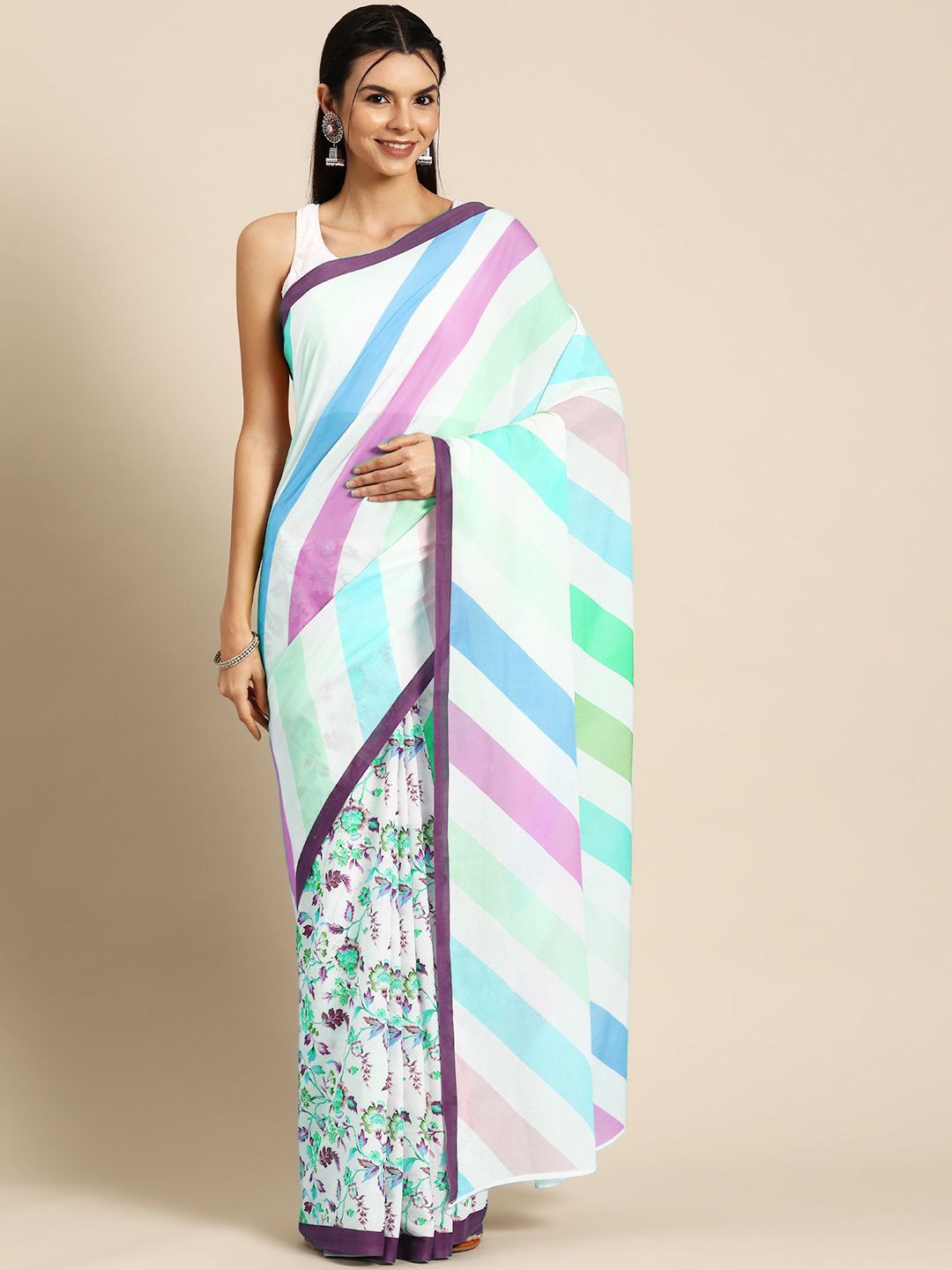

BUTA BUTI Pure Cotton Floral Printed Festive Half and Half Saree, White