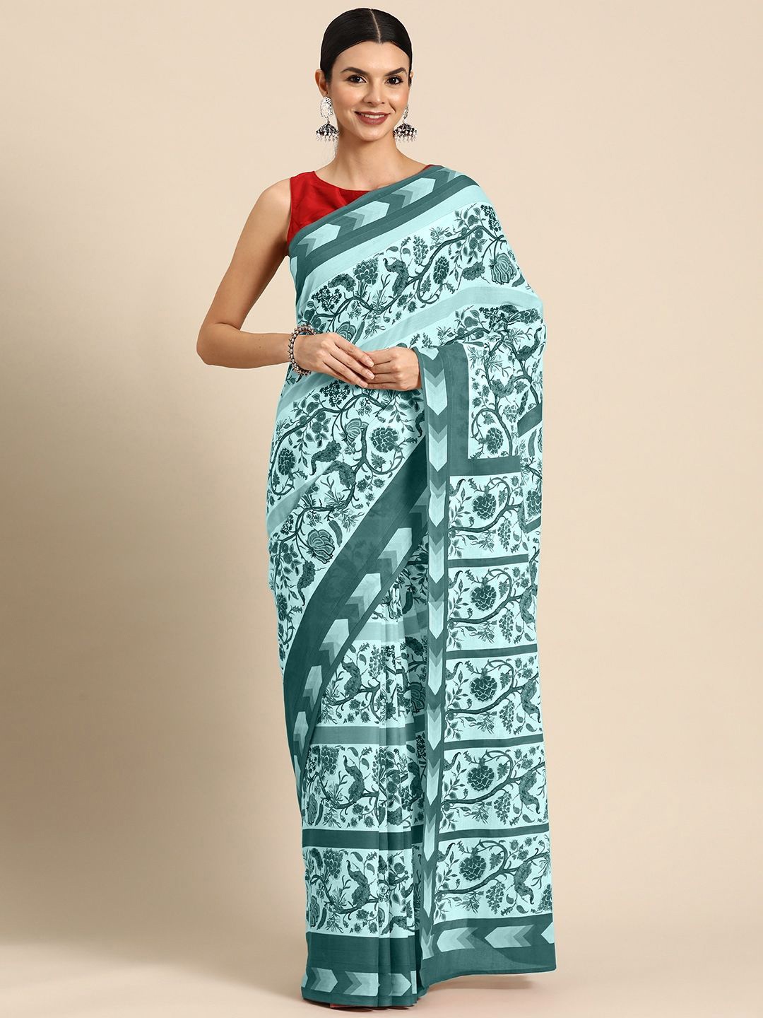 

BUTA BUTI Ethnic Motifs Printed Pure Cotton Saree, Sea green