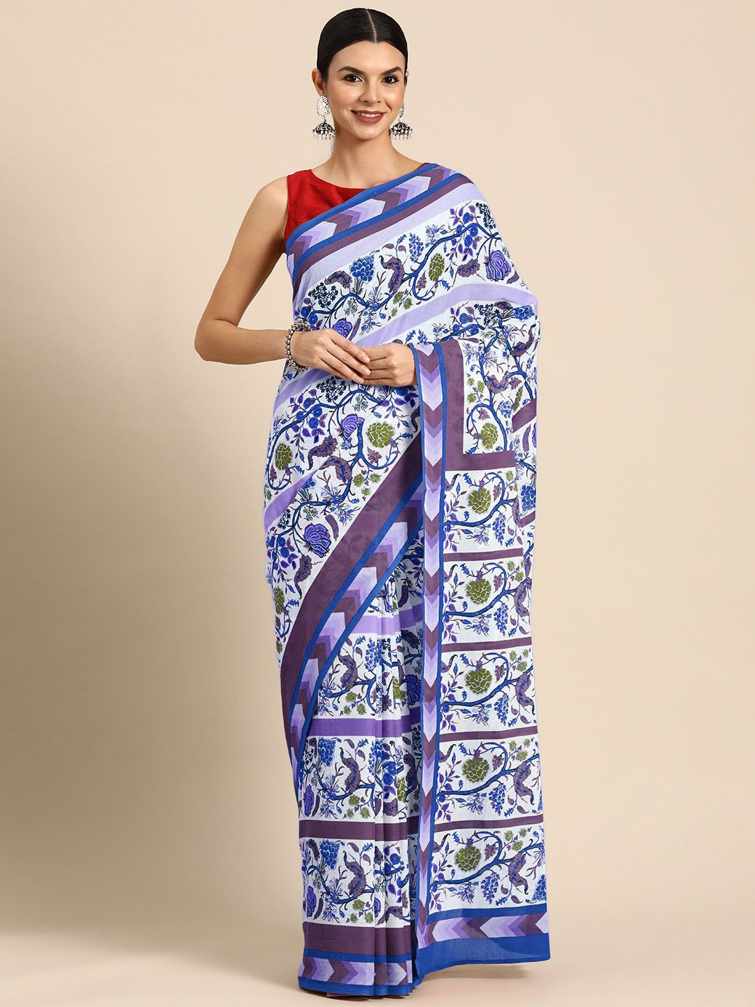 

BUTA BUTI Floral Pure Cotton Saree, Navy blue