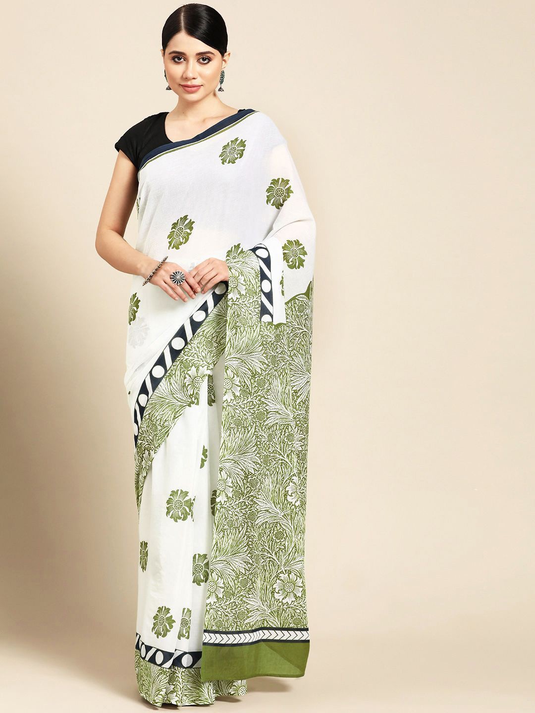 

BUTA BUTI Floral Pure Cotton Saree, Green