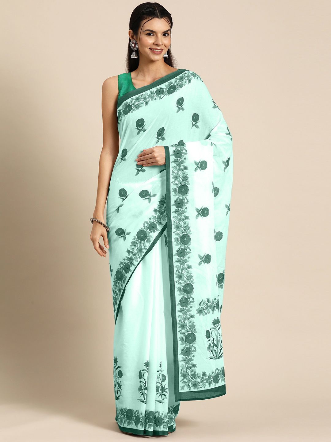 

BUTA BUTI Floral Printed Pure Cotton Saree, Sea green