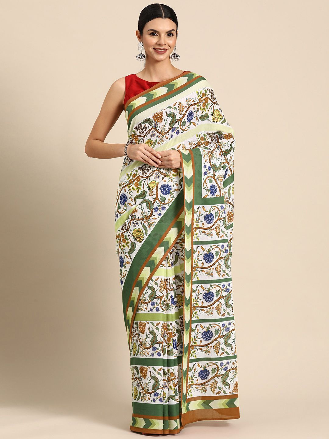 

BUTA BUTI Floral Printed Pure Cotton Saree, Green
