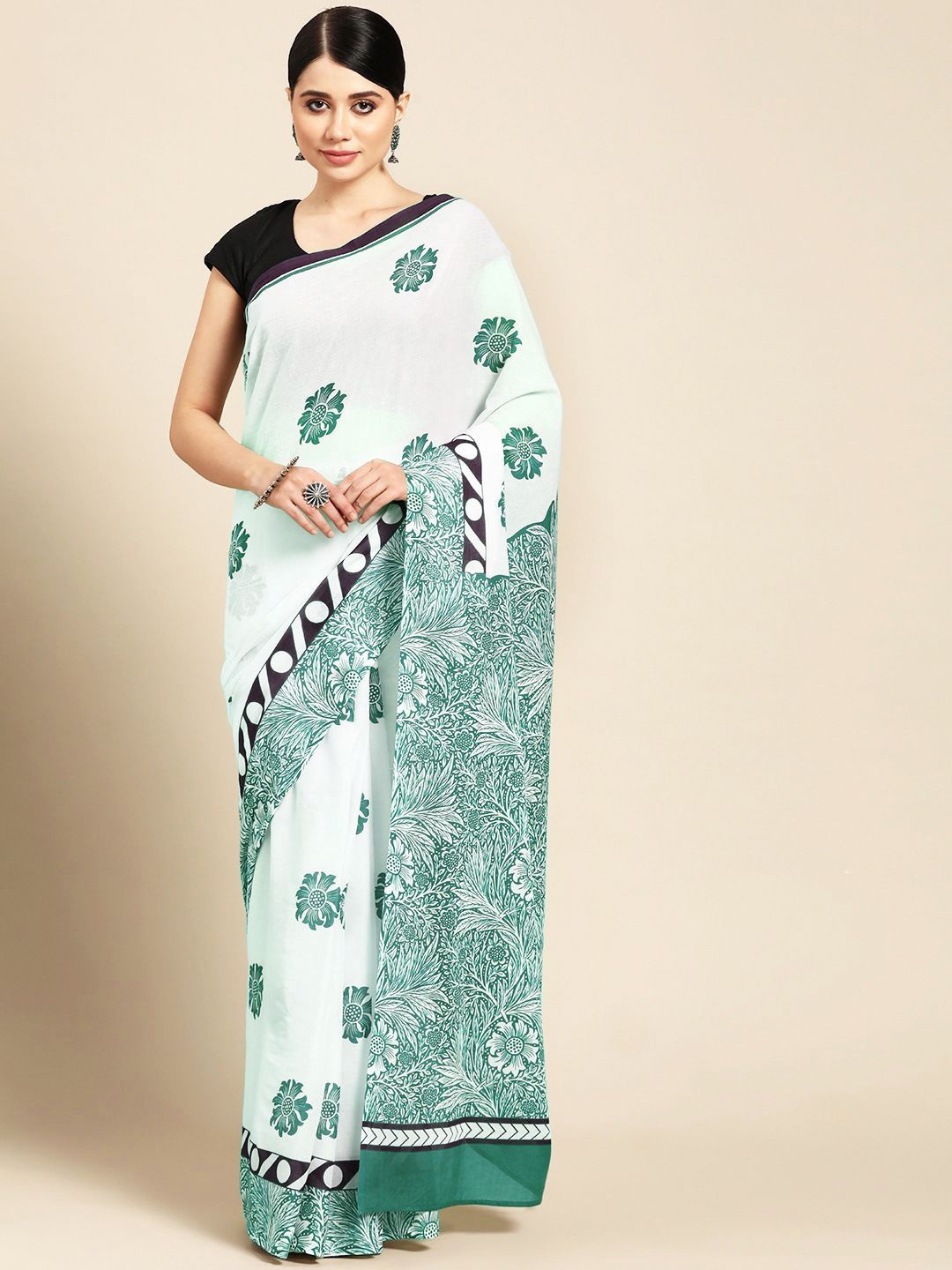 

BUTA BUTI Floral Printed Pure Cotton Saree, White