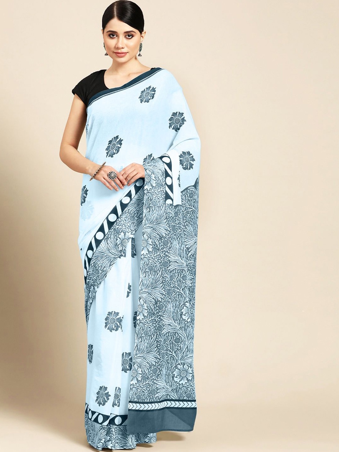 

BUTA BUTI Floral Printed Pure Cotton Saree, Blue