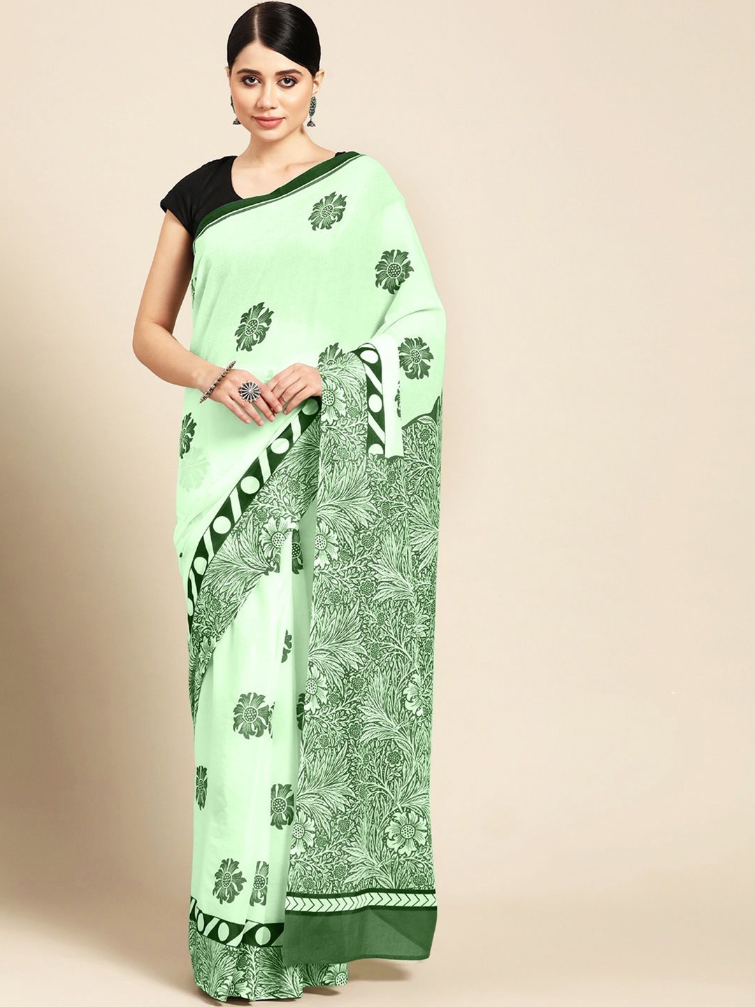 

BUTA BUTI Floral Printed Pure Cotton Saree, Green