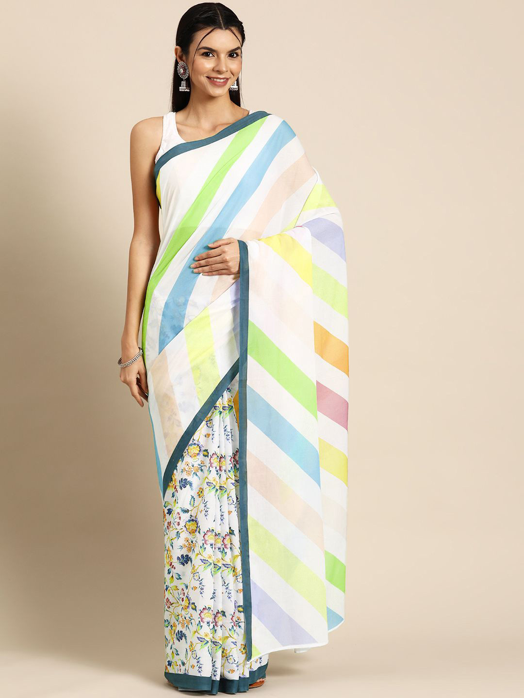 

BUTA BUTI Floral Printed Pure Cotton Saree, White