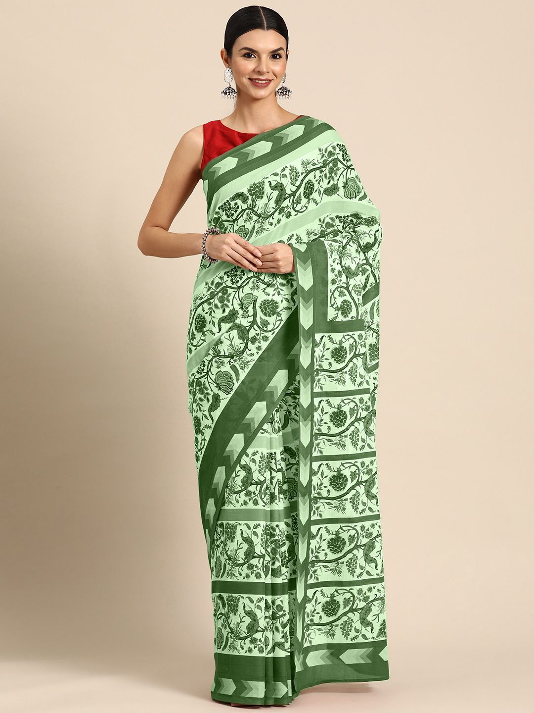 

BUTA BUTI Floral Pure Cotton Saree, Green