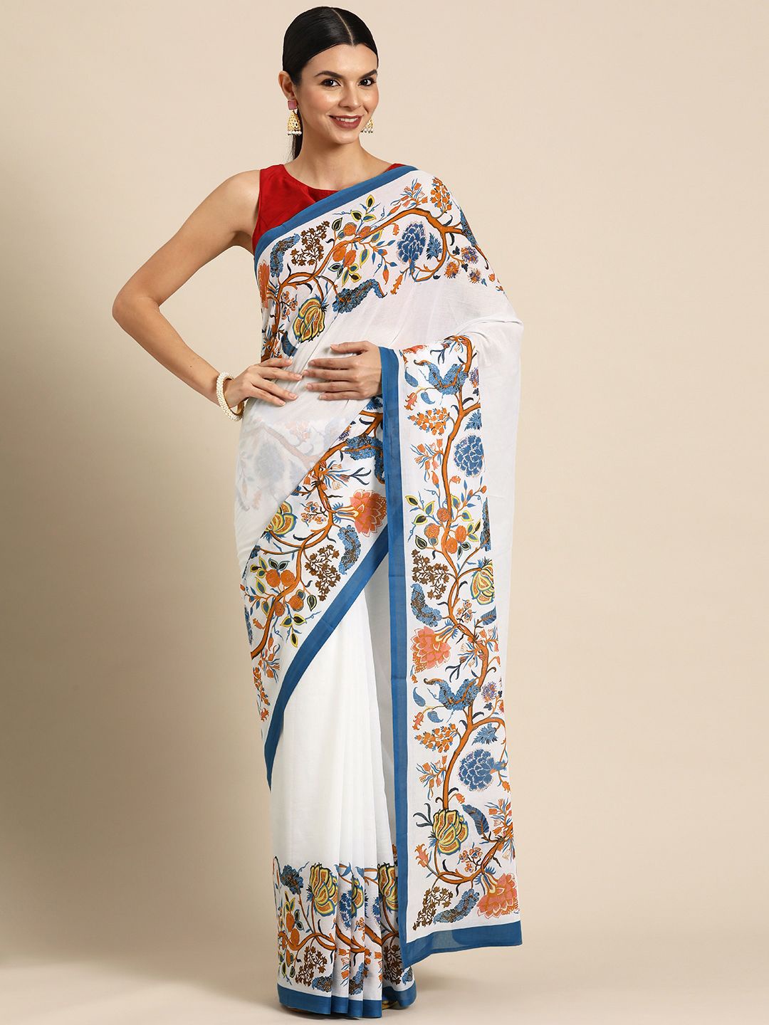 

BUTA BUTI Floral Printed Pure Cotton Saree, White