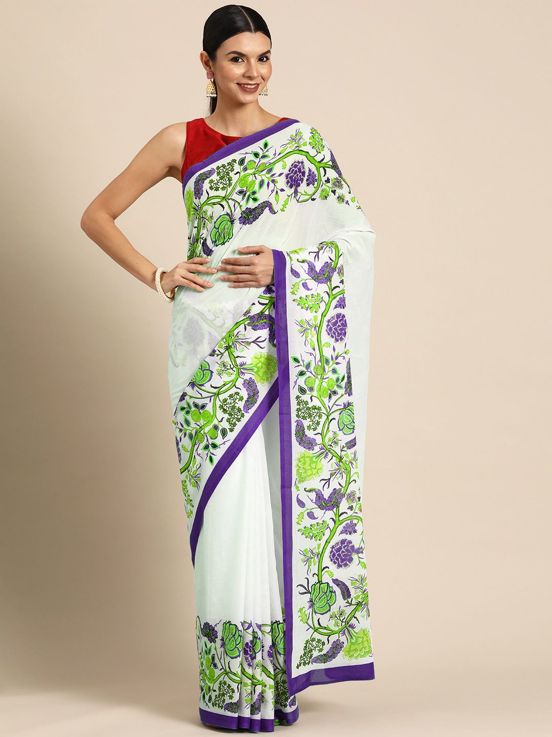 

BUTA BUTI Floral Printed Pure Cotton Saree, White