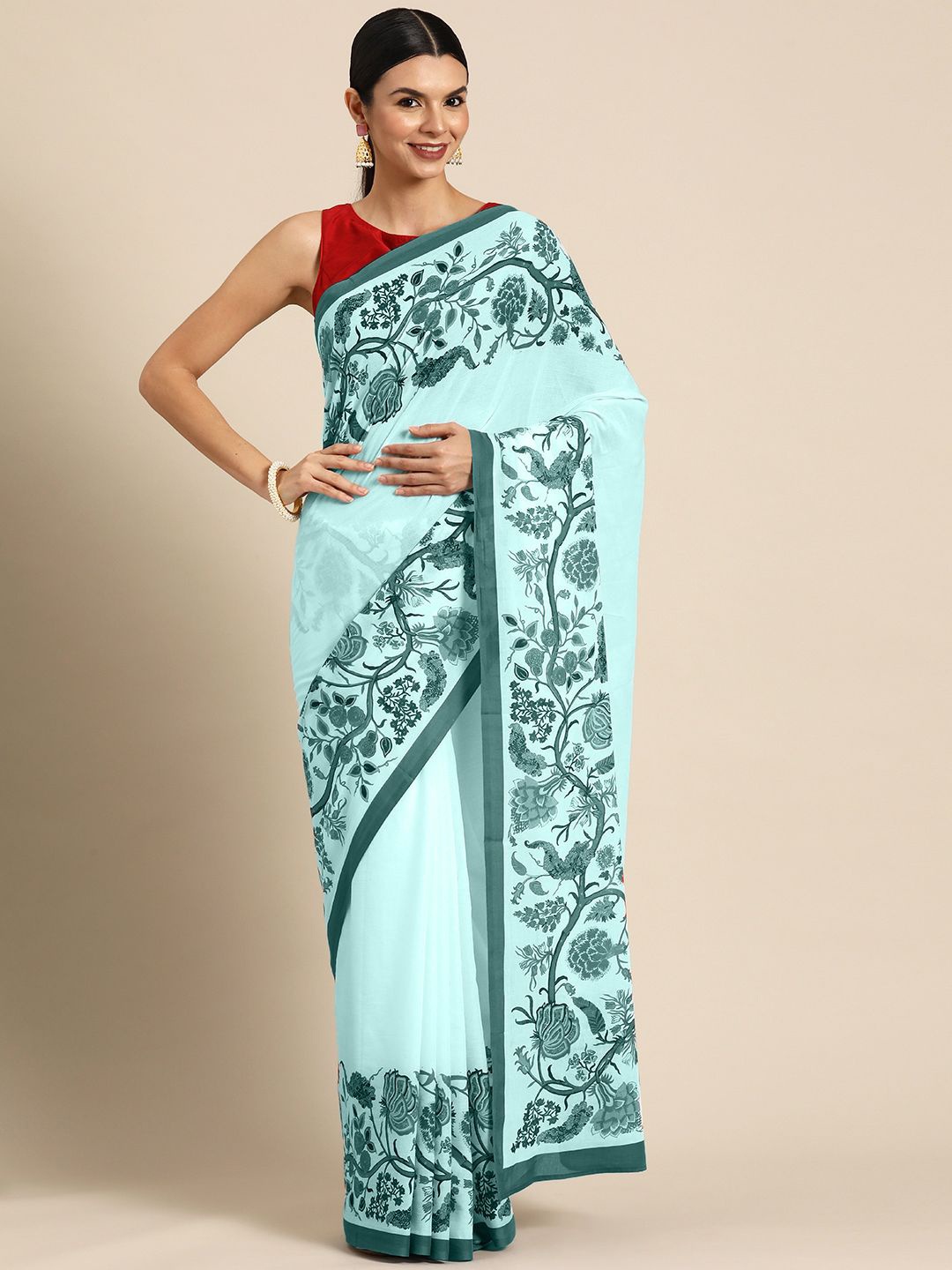 

BUTA BUTI Floral Printed Pure Cotton Saree, Sea green