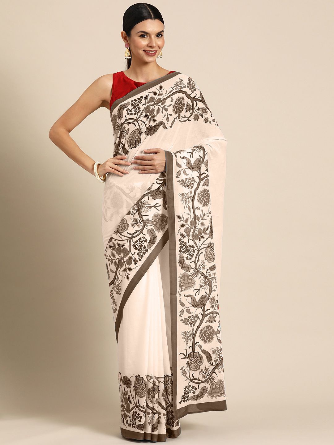 

BUTA BUTI Floral Pure Cotton Saree, Coffee brown