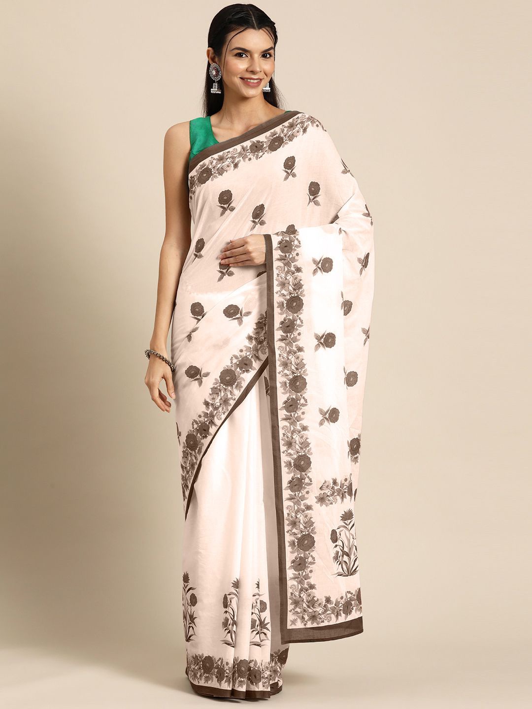 

BUTA BUTI Floral Pure Cotton Saree, Coffee brown