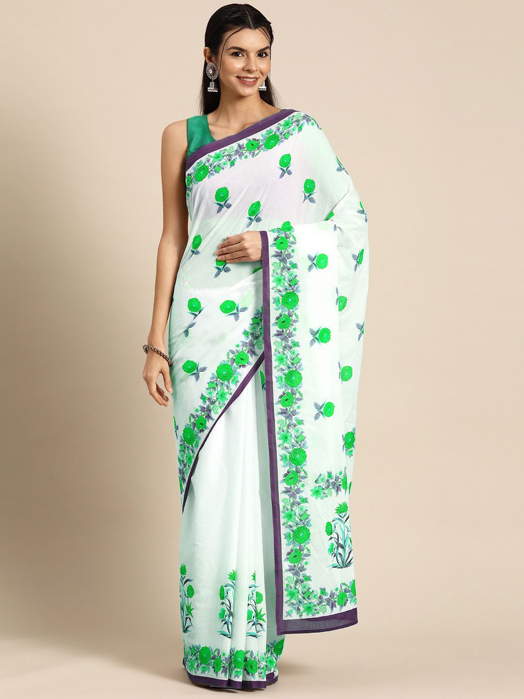 

BUTA BUTI Floral Printed Pure Cotton Saree, White