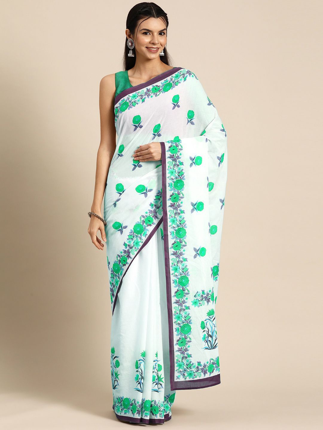 

BUTA BUTI Floral Pure Cotton Saree, Green