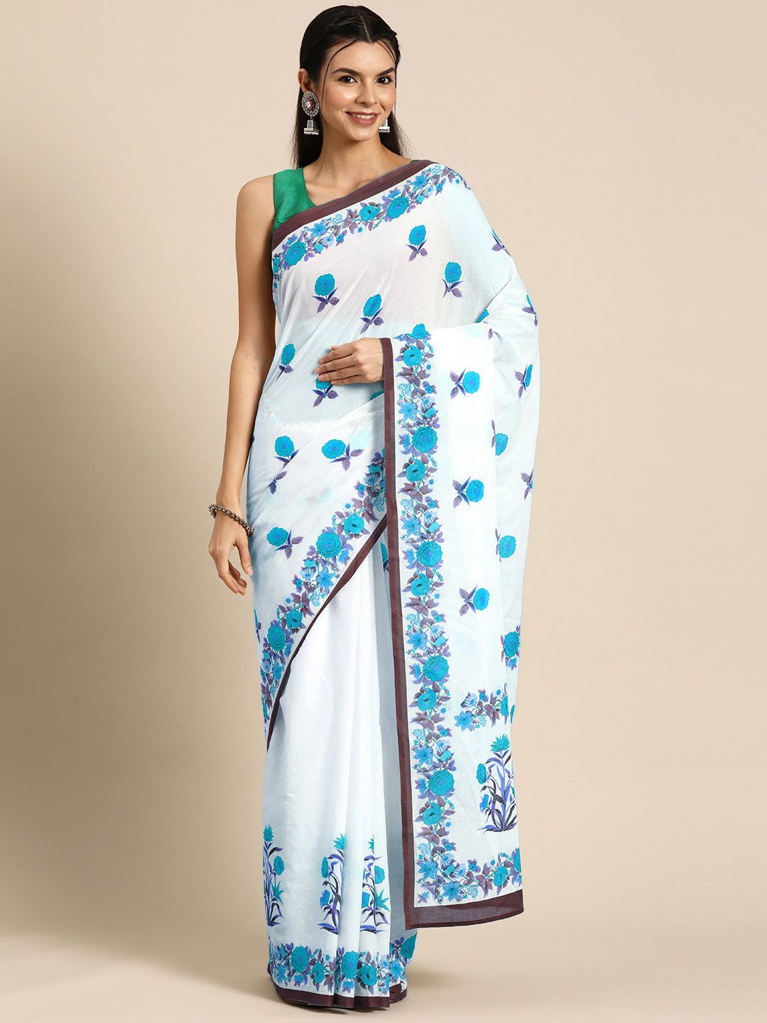 

BUTA BUTI Floral Printed Pure Cotton Saree, White
