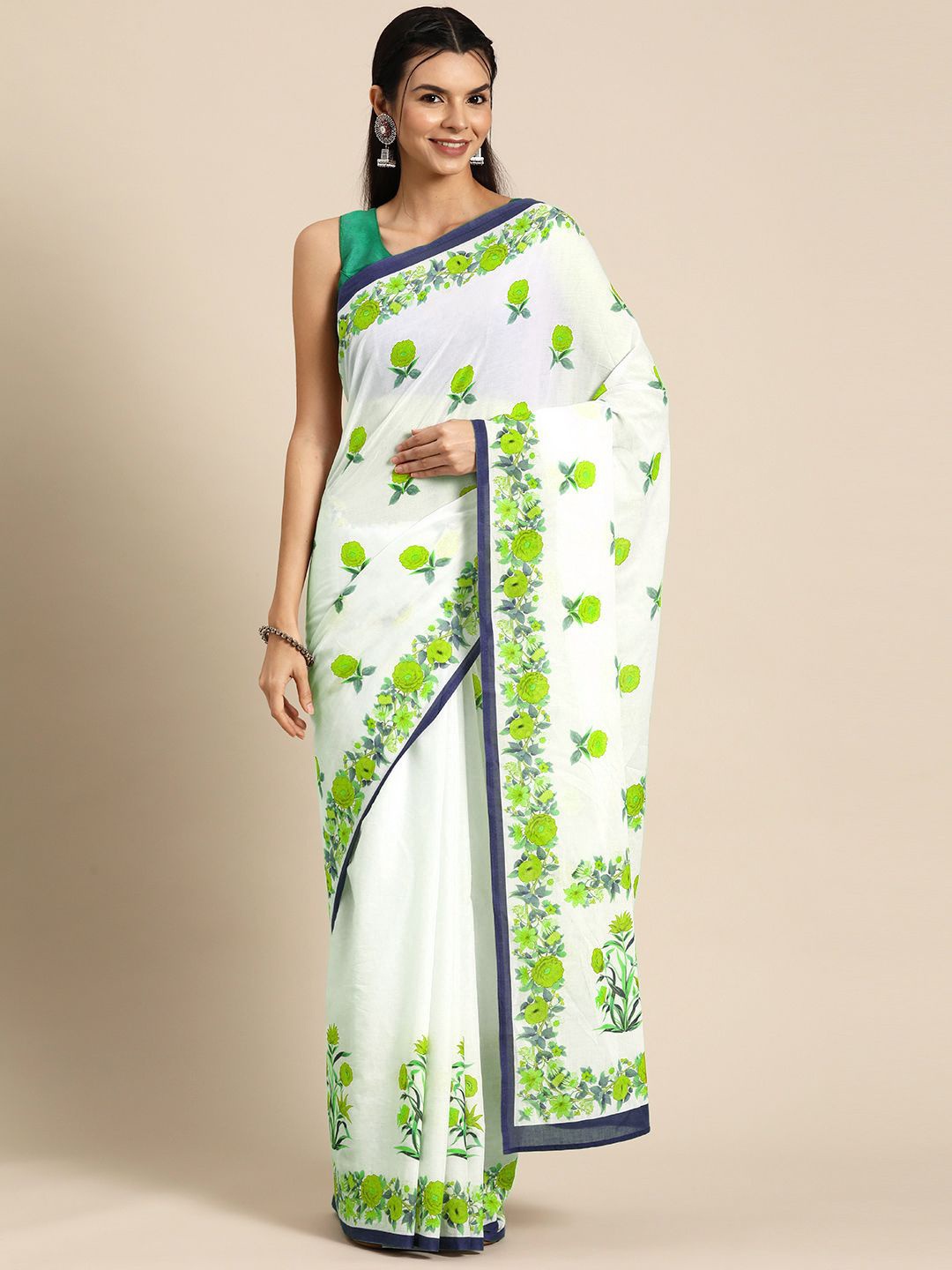 

BUTA BUTI Pure Cotton Floral Daily Saree, Green